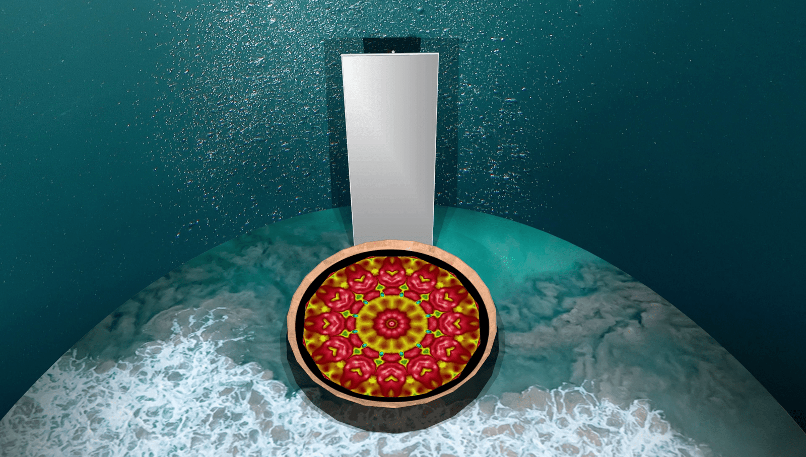 vista dall'alto sull'area sacra con dettaglio sul bacile e proiezione del responso fase 3